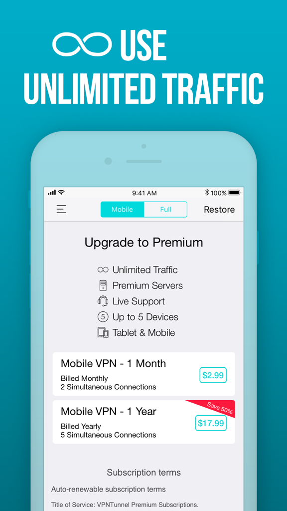 VPNTunnel – Private VPN Spot - Écran de mise à niveau de l'application VPNTunnel montrant les options de mise à niveau premium et les prix d'abonnement pour un trafic illimité
