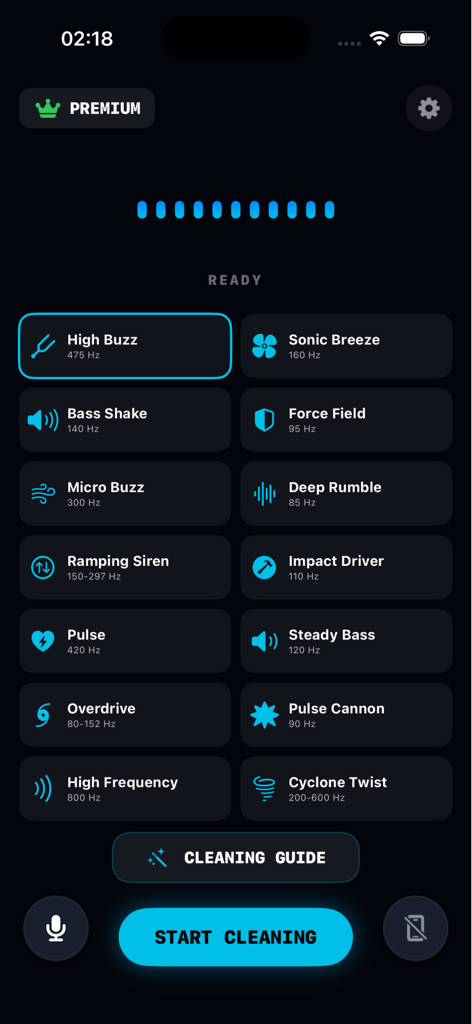 Dust Cleaner - Speaker Cleaner - Dust Cleanerのモバイルアプリインターフェイス。さまざまな音波周波数クリーニングモードと開始ボタンが表示されています。