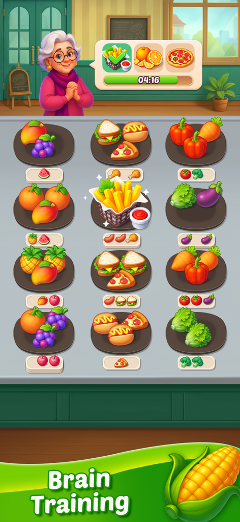 Food Sort: Puzzle Game - Food Sort Puzzle Gameのモバイルゲーム画面。並べ替えるためのカラフルな漫画の食品のお皿が表示されています。