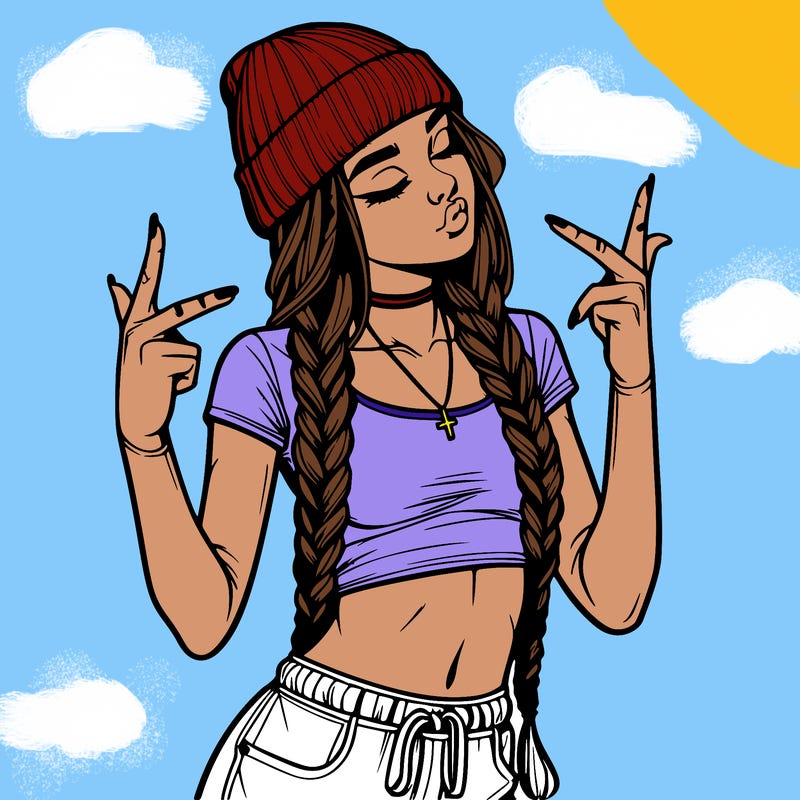 realistic teenage girl with braids and a beanie and crop top doing 🫶🏼