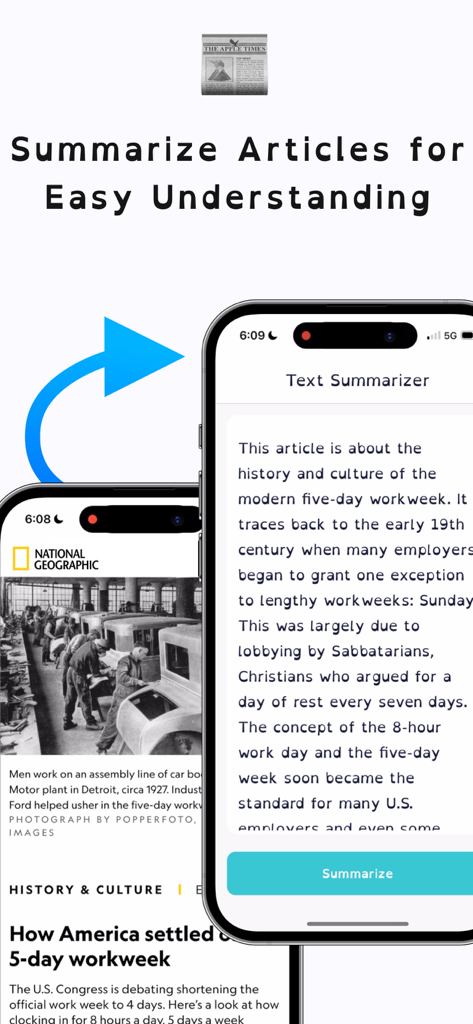 Dyslexia Font - AI Tutor & Pal - Dyslexia Font app showing the AI text summarizer feature to simplify articles for easy understanding