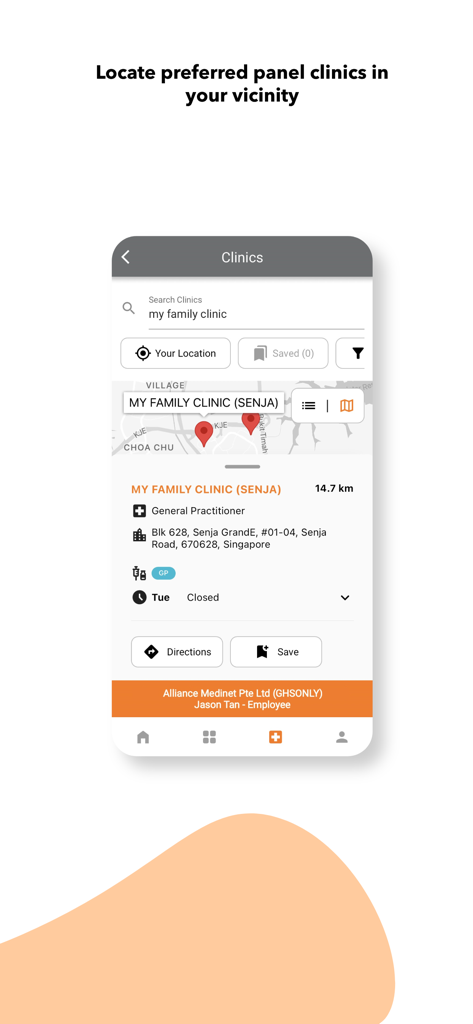 AllCare@Income - Screenshot der AllCare@Income-App, der einen Klinikfinder mit einer Karte und Klinikdetails anzeigt