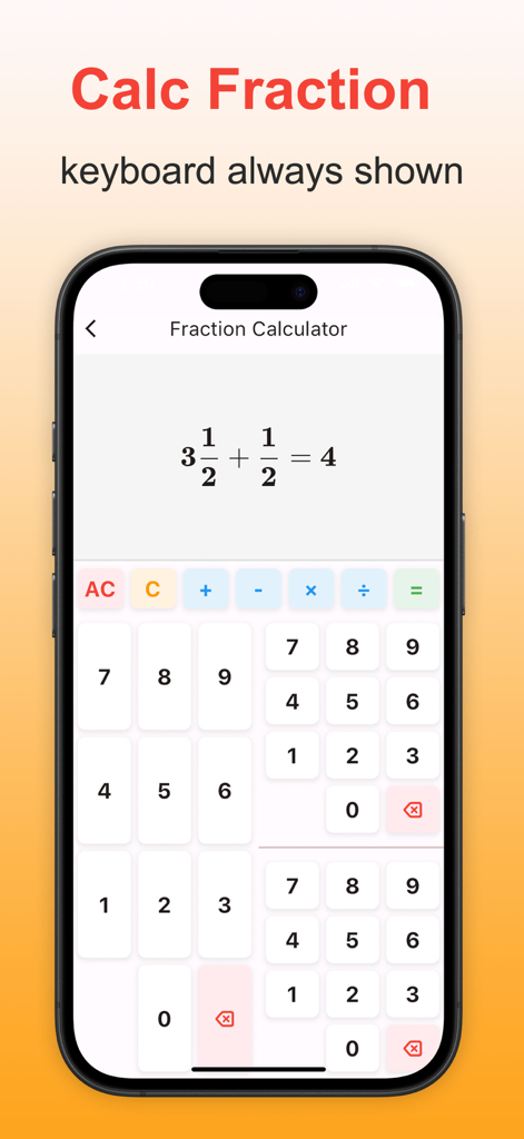 Calculator Box:All-in-one clac - Mobile app interface showing a fraction calculator with a mathematical equation and dedicated numeric keypad.