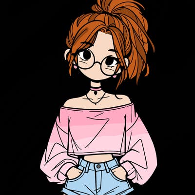 girl with a messy ponytail glasses a baggy crop top and jean shorts
