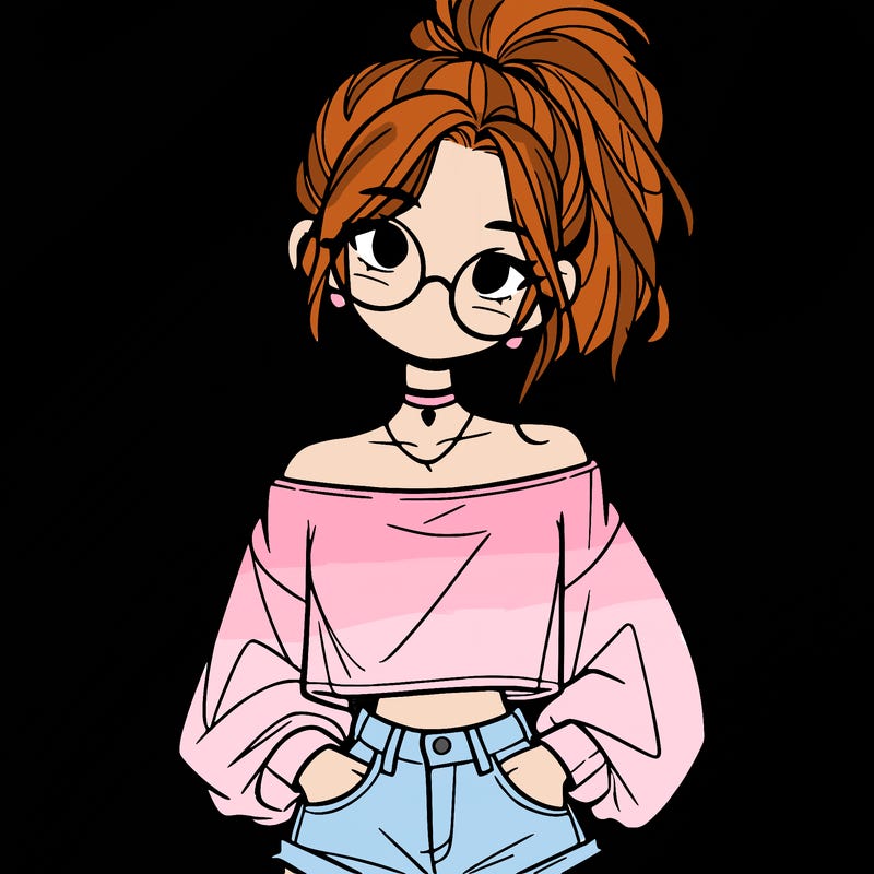 girl with a messy ponytail glasses a baggy crop top and jean shorts