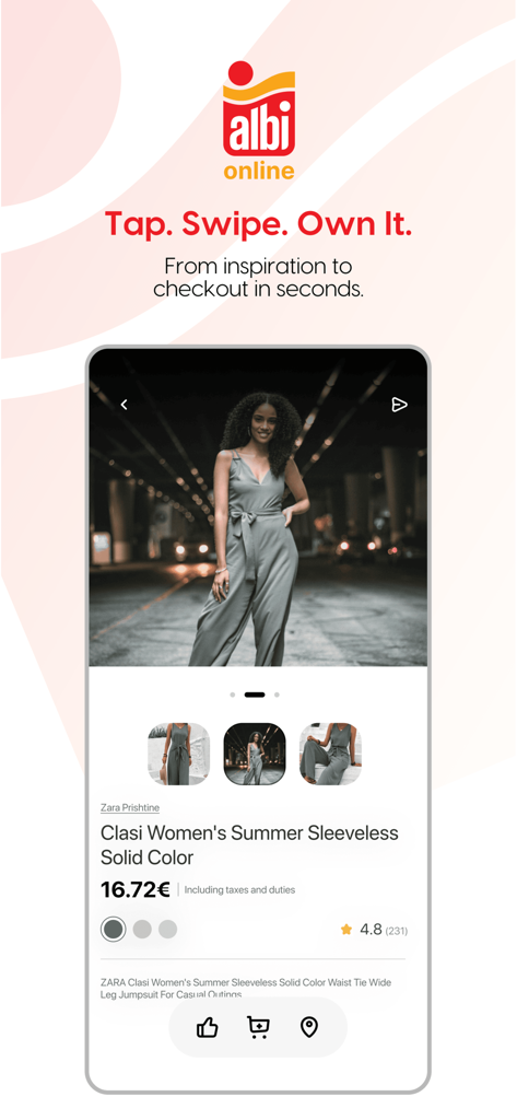 Tela de detalhes do produto do aplicativo de compras Albi Online mostrando um macacão feminino.