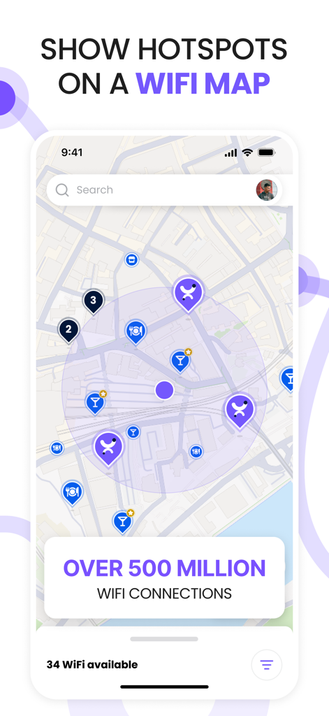 Purple - WiFi Map - Purple app interface displaying Wi-Fi hotspots on a city map.