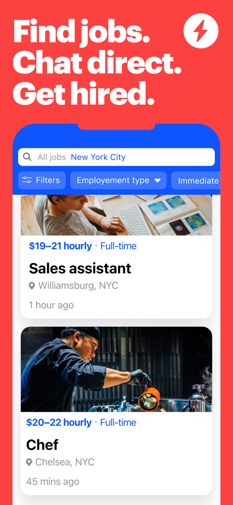 JOB TODAY: #1 Hiring App - Interfaccia mobile dell'app JOB TODAY che mostra i risultati di ricerca di lavoro locali per assistente alle vendite e ruoli di chef a New York City