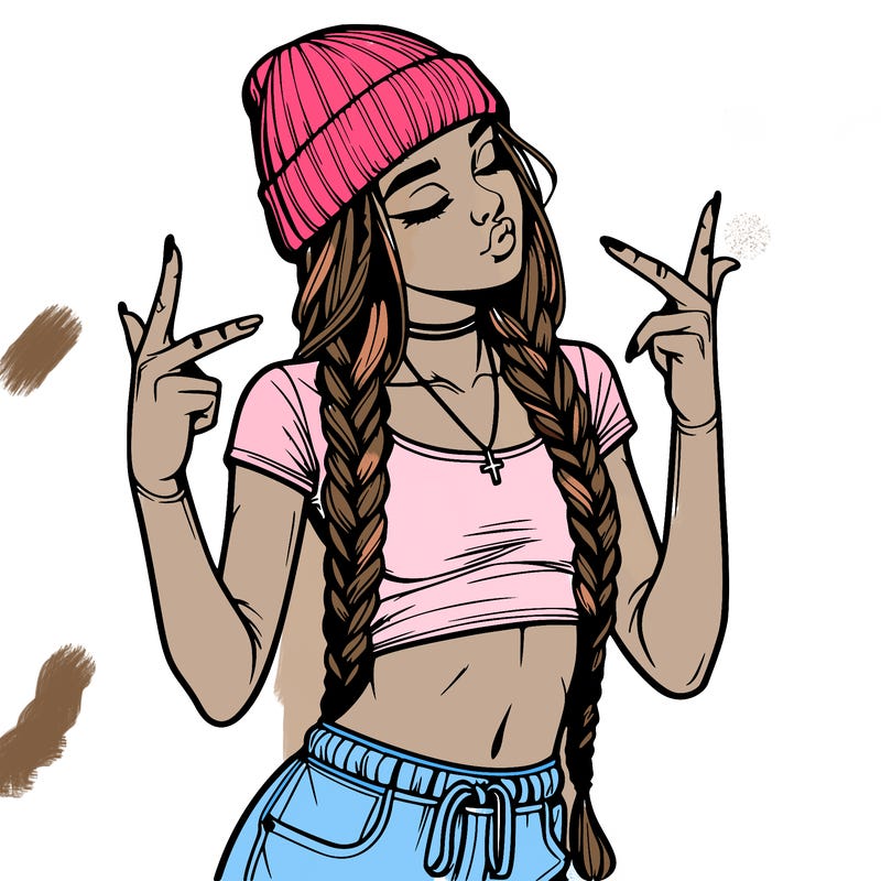 realistic teenage girl with braids and a beanie and crop top doing 🫶🏼