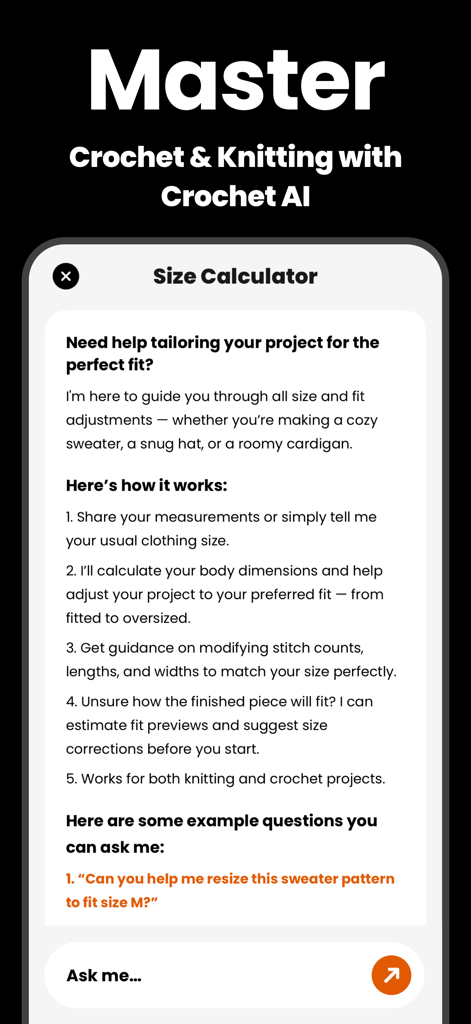Crochet AI - for Beginner - Interfaccia dell'app Crochet AI che mostra lo strumento di calcolo delle taglie per adattare modelli di uncinetto e maglia.