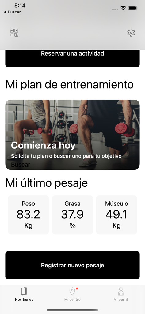 Spinning Center Gym - Spinning Center Gym app dashboard featuring training plans and body composition data tracking