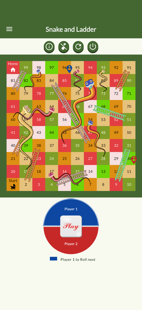 Snake and Ladder Adventures - Colorful digital board game interface for Snake and Ladder Adventures showing local multiplayer mode with snakes and ladders.