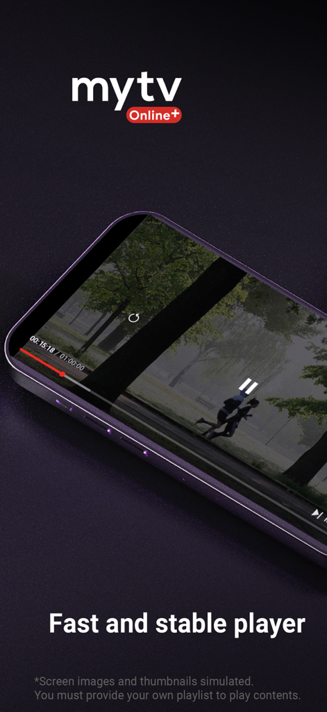 Smartphone showing the MYTVOnline Plus IPTV player interface with video playback and fast and stable player text