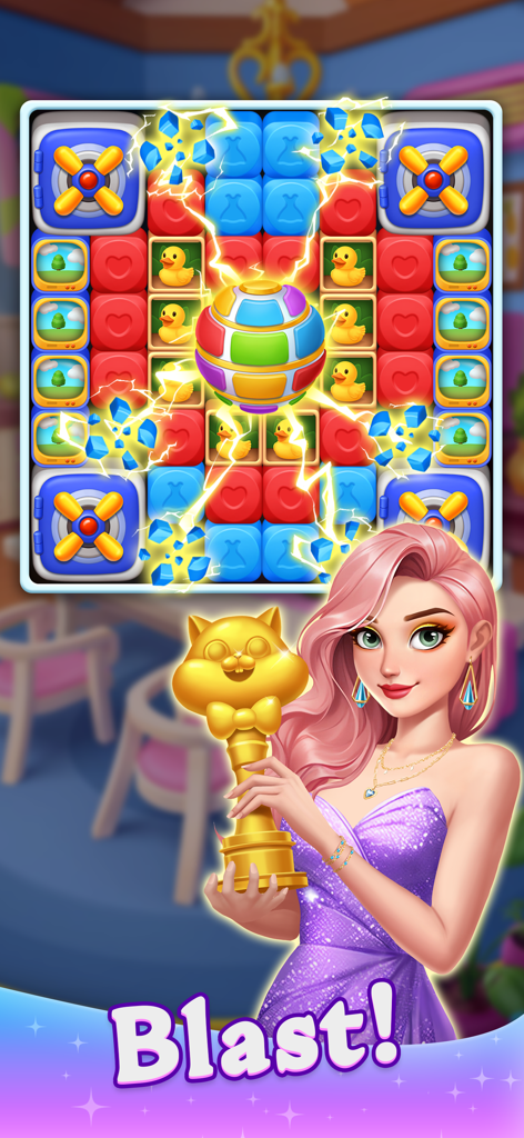 Beauty Blast puzzle board with colorful cubes and character holding a golden trophy