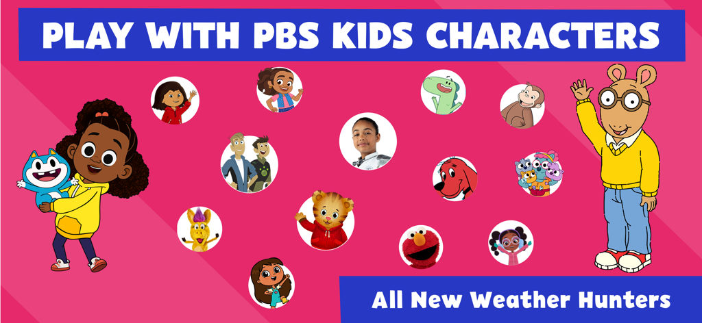A collection of various PBS KIDS characters like Arthur and Daniel Tiger on a pink background with the text Play with PBS KIDS Characters.