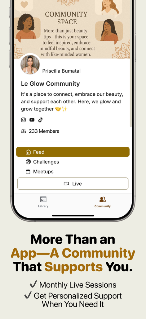 Le Glow Studio - Le Glow Studio app interface showing the Community Space for mindful beauty and personalized support