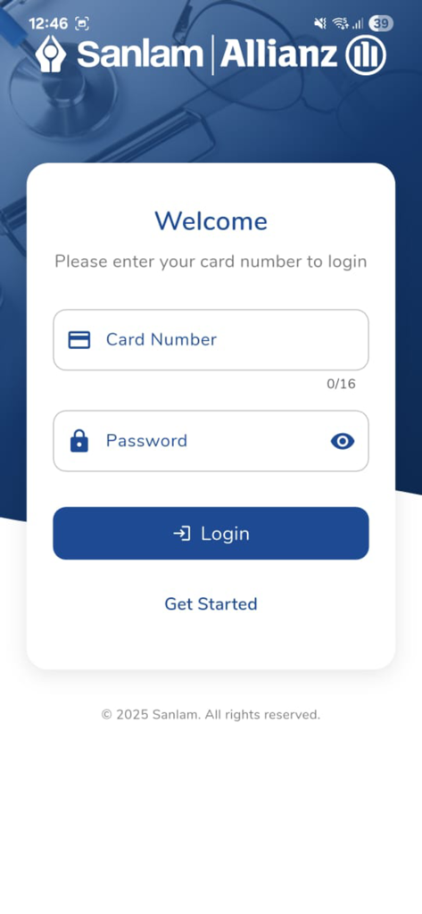 E-VUZE - Login page of the E-VUZE medical app showing fields for card number and password with Sanlam Allianz branding