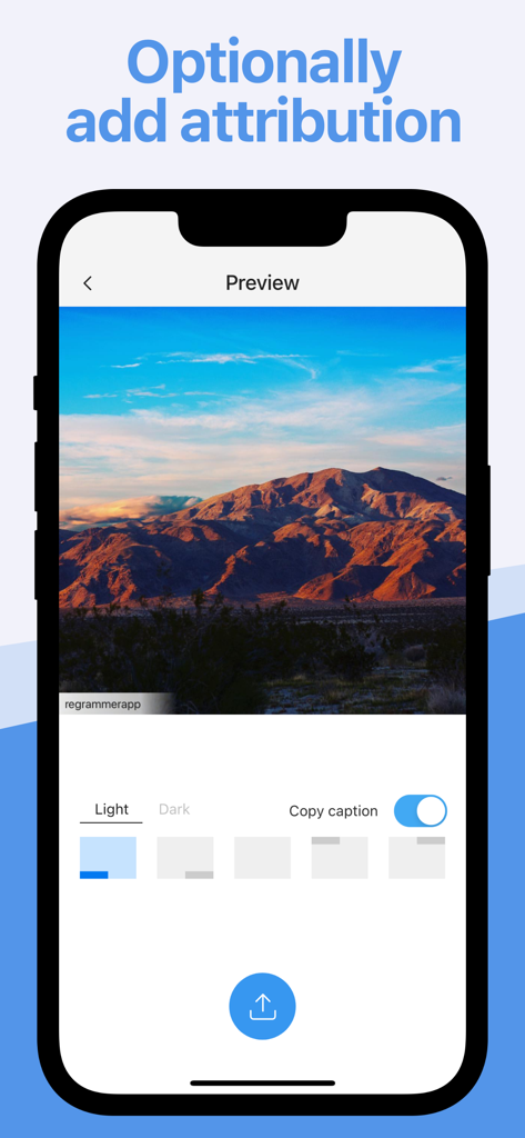 Preview screen of the Reshare app showing options to add attribution and copy captions for Instagram reposts