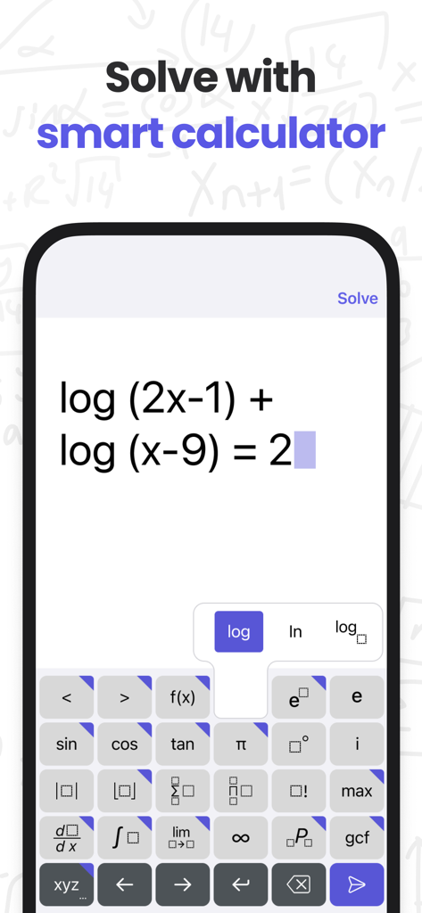 MathMaster app smart calculator interface solving a logarithmic equation
