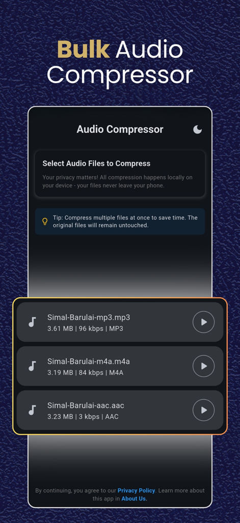 Captura de tela do aplicativo Bulk Audio Compressor mostrando uma lista de arquivos prontos para compressão em lote