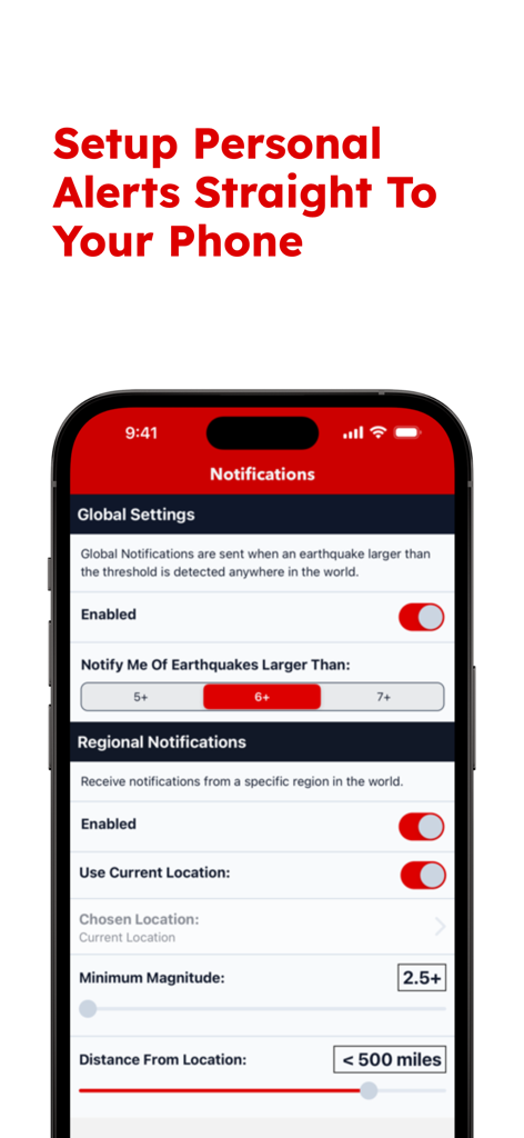 Configurações de notificação no aplicativo Earthquake Quake Tracker mostrando filtros de alerta personalizados para magnitude e distância