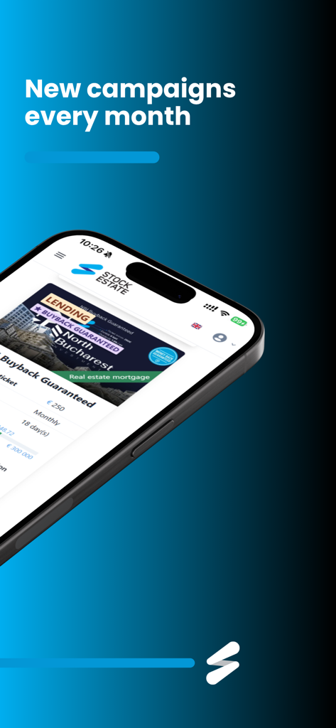 stock.estate - Interfaccia dell'app mobile stock.estate che mostra nuove campagne di investimento immobiliare mensili e i dettagli del progetto