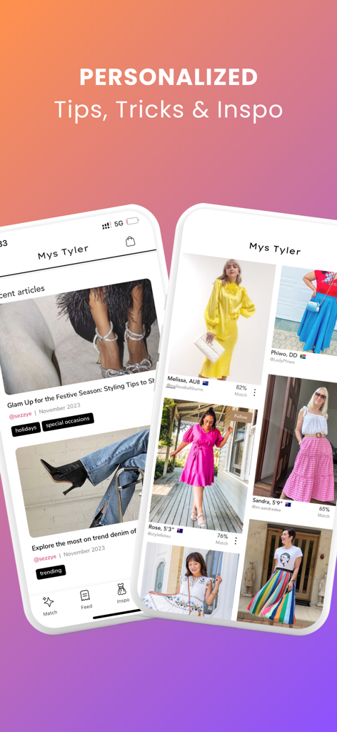 Mys Tyler: Fashion that fits - Screenshot dell'app Mys Tyler che mostrano consigli di moda personalizzati e creator abbinati per forma del corpo.