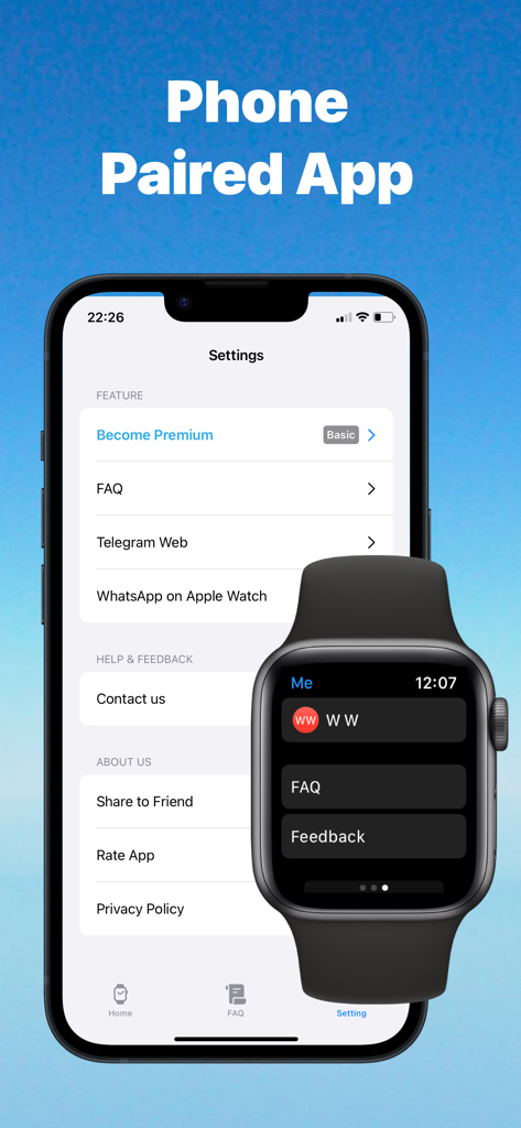 iPhone and Apple Watch showing the paired TG Watch settings menu for Telegram