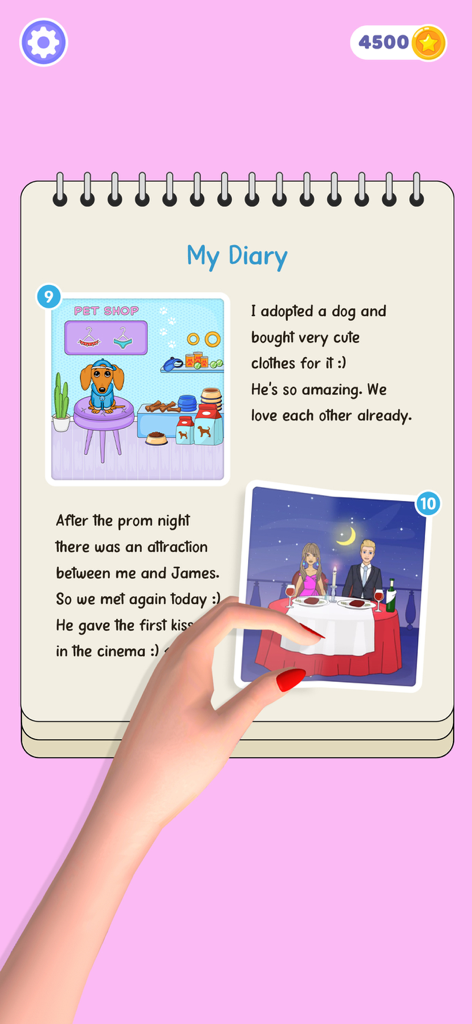 DIY Paper Doll - Interfaccia del diario digitale nel gioco Bambola di Carta Fai da Te che mostra voci di narrazione con animali domestici e date