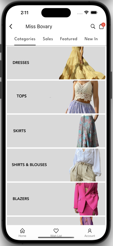 Bovary - Miss Bovary app categories screen featuring women fashion collections like dresses and blazers