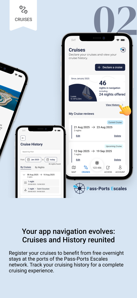 Interfaz de la aplicación Passeport Escales mostrando el historial de cruceros y las estadísticas de navegación.