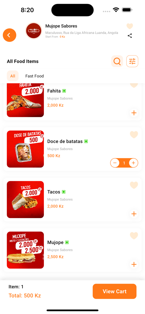 Koxito - A restaurant menu on the Koxito app showing food items like fajitas and tacos with prices in Angolan Kwanza.
