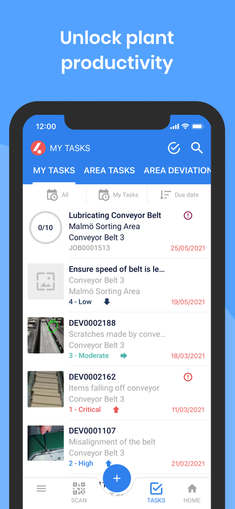Industrial maintenance task list screen showing equipment deviations and priority levels