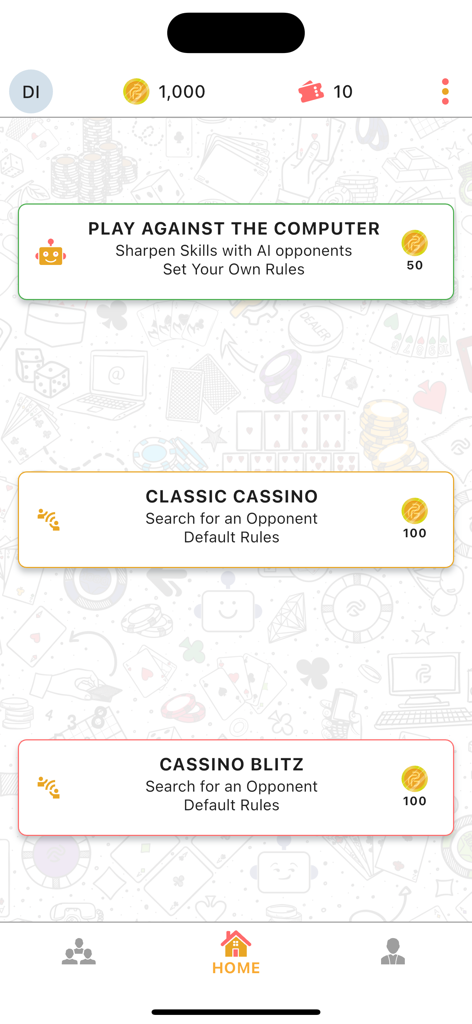 Pocket Cassino - Pocket Cassino app home screen showing game modes like Play Against The Computer and Classic Cassino
