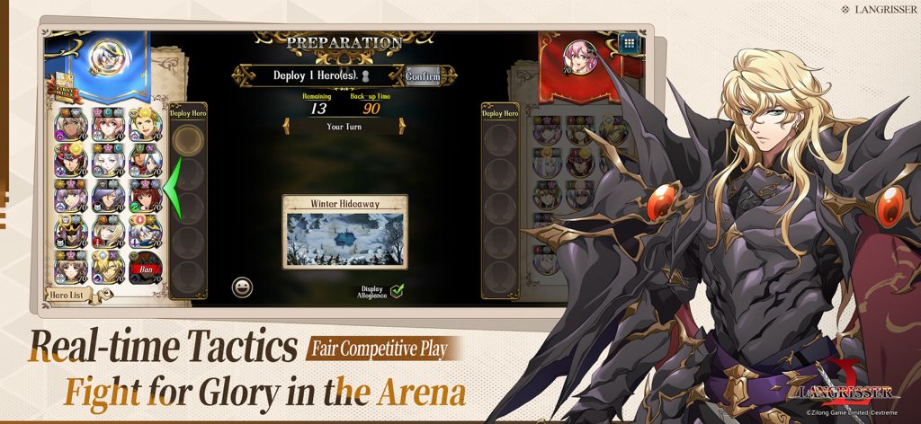 Real time tactics arena preparation screen in Langrisser featuring hero deployment and anime character art