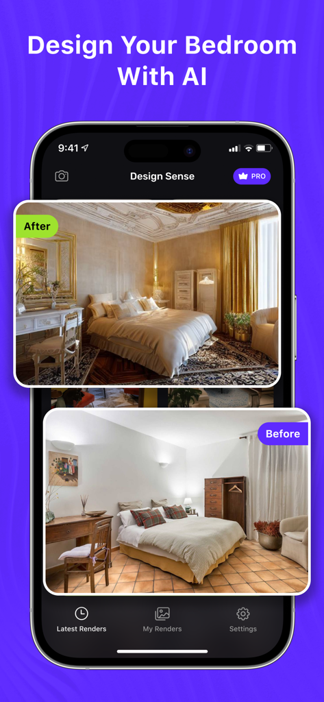 Confronto prima e dopo di un restyling di interni di una camera da letto utilizzando l'app DesignSense AI