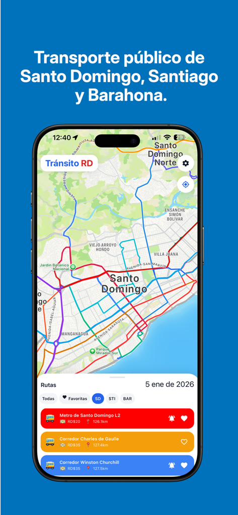 Interfaz de la aplicación móvil Tránsito RD que muestra un mapa de rutas de transporte público en Santo Domingo