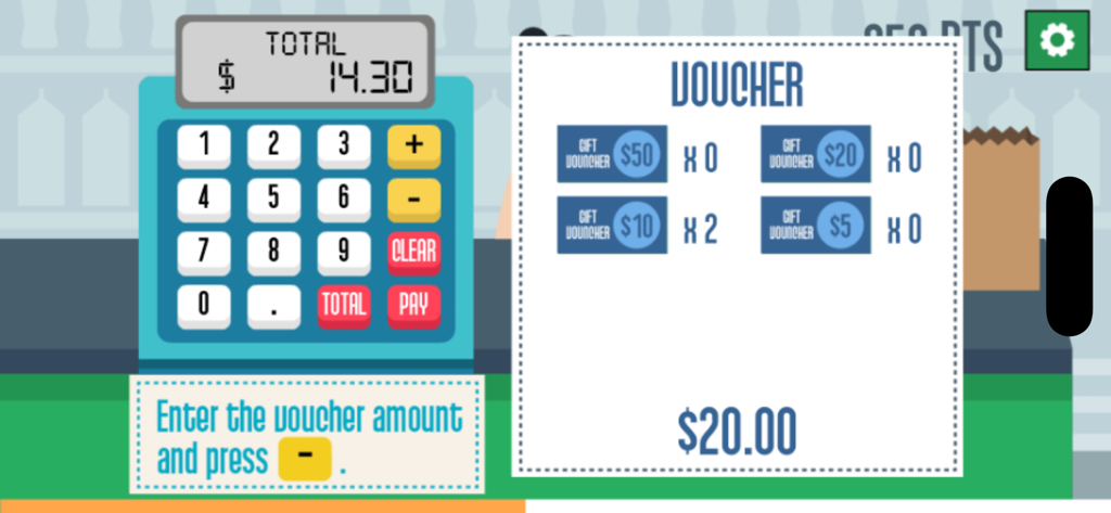 Grocery Cashier - A digital cash register showing a voucher payment interface in the Grocery Cashier educational game