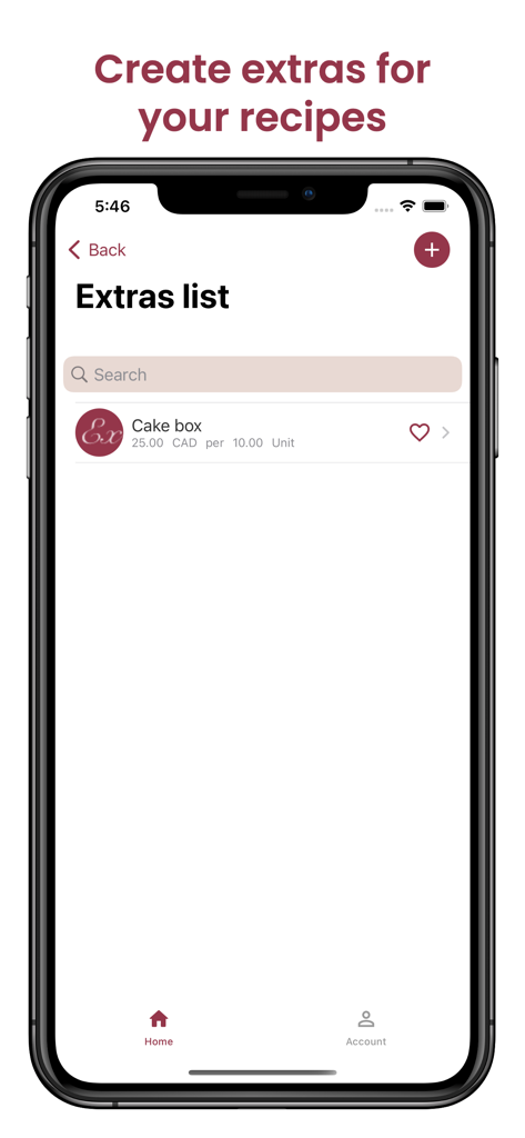 CakePlace - Screenshot of the CakePlace app showing the Extras list screen with a cake box entry for managing packaging costs
