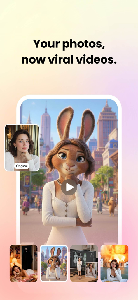 Fotor app screen showing a portrait photo transformed into a viral 3D animated video character