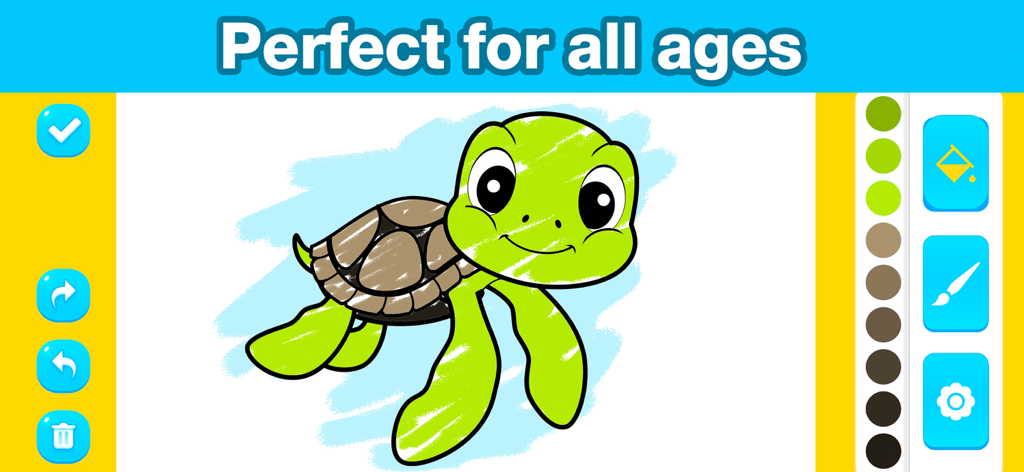A digital coloring book page showing a cute cartoon turtle being colored green and brown.