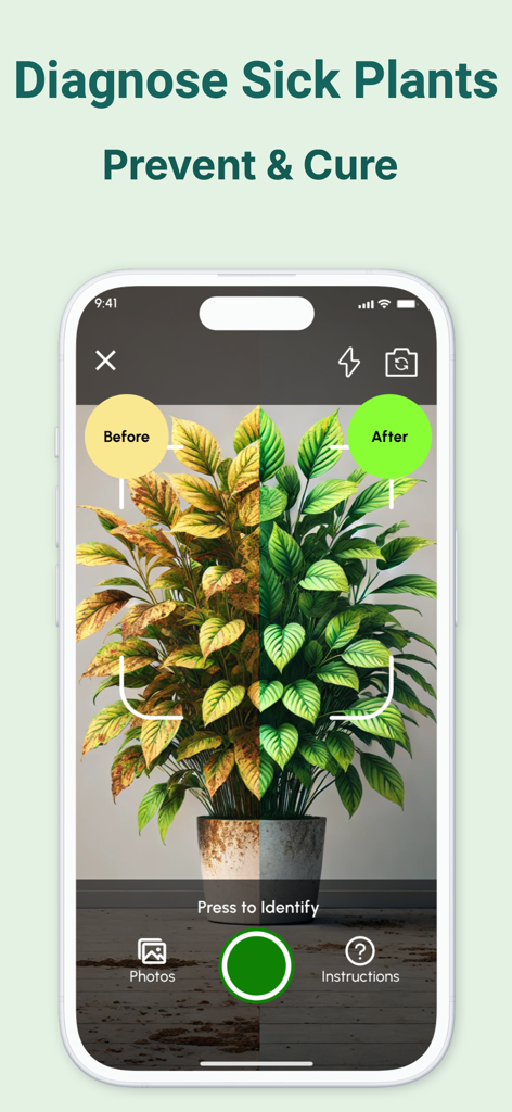 Tela de smartphone mostrando um aplicativo de diagnóstico de plantas com uma comparação de antes e depois de uma planta doente sendo tratada.