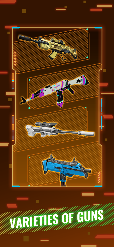 Exhibición de diferentes modelos de armas 3D y skins disponibles en Rhythm Fire