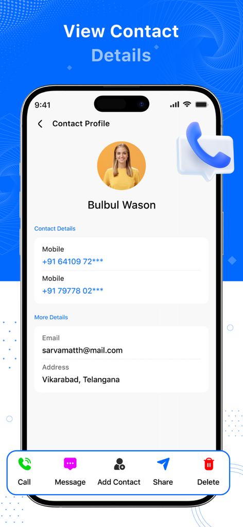 Caller App : Block & Caller ID - A detailed mobile contact profile screen displaying phone numbers email and address within the Caller App