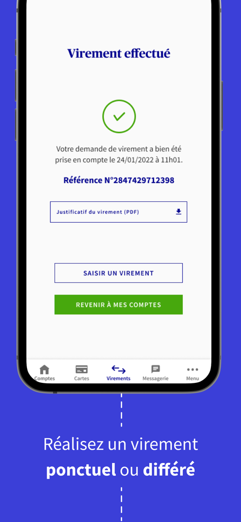 AXA Banque - Écran de l'application mobile AXA Banque montrant la confirmation d'un virement bancaire réussi