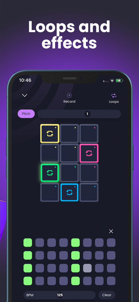 Drum Pads Guru Pro Beat Maker - Interface do aplicativo de criação de batidas musicais mostrando pads coloridos para loops e efeitos