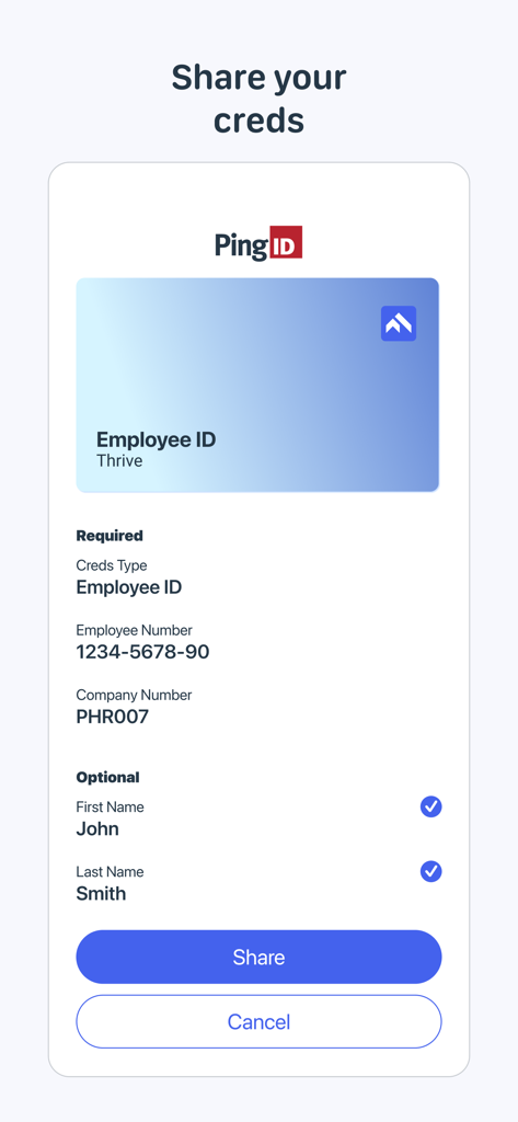PingID app screen showing a digital employee ID card and options to share identity credentials