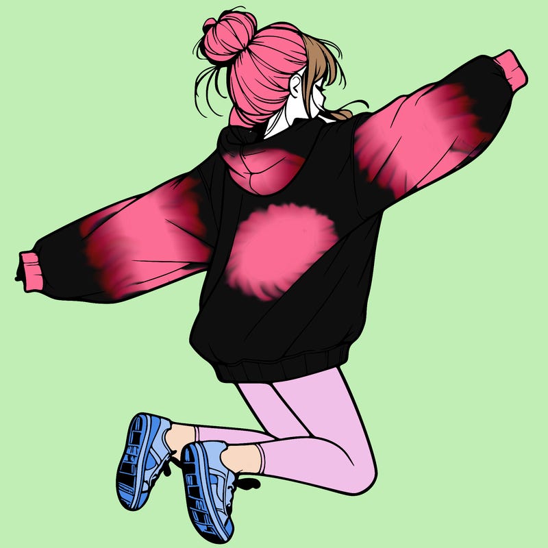 realistic girl jumping with a bun and oversized sweatshirt