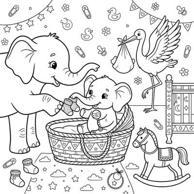 Welcome a new arrival with our adorable coloring page featuring loving elephants at a baby shower. This delightful scene is filled with charming nursery details, perfect for a heartwarming coloring experience.