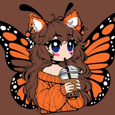 a realistic butterfly/furry girl drinking boba